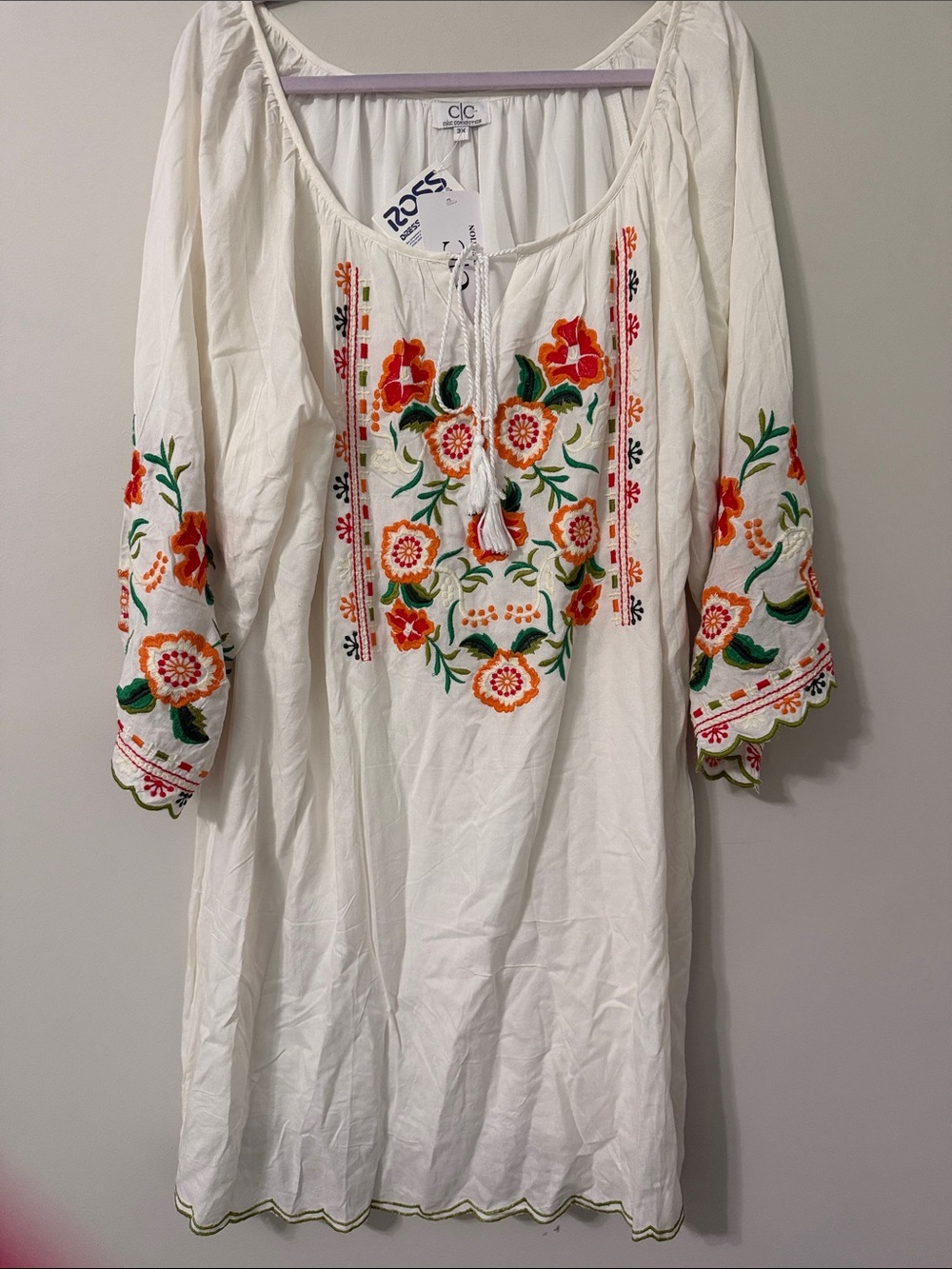 C&C California White Peasant Dress with Orange & Green Floral Embroidery